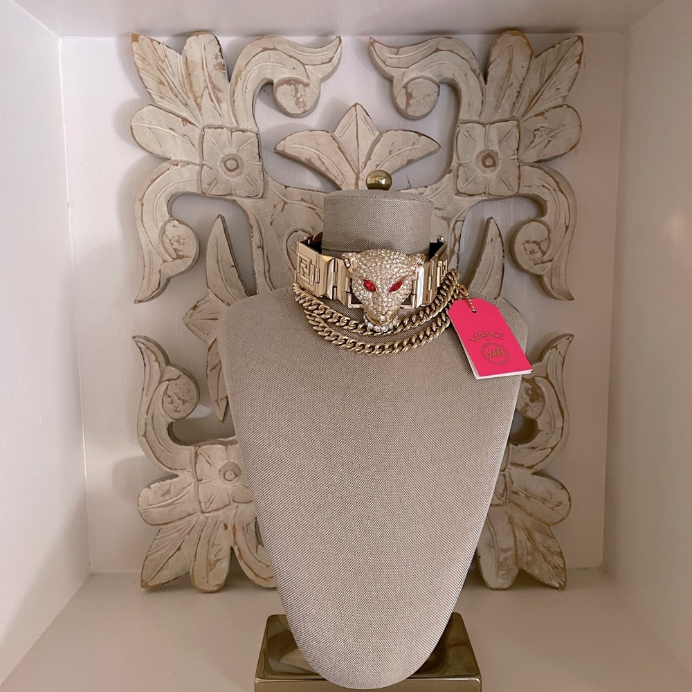 VERSACE x H&M GOLD RHINESTONE PANTHER W/ BLK LEATHER-GOLD CHAIN LINK CHOKER